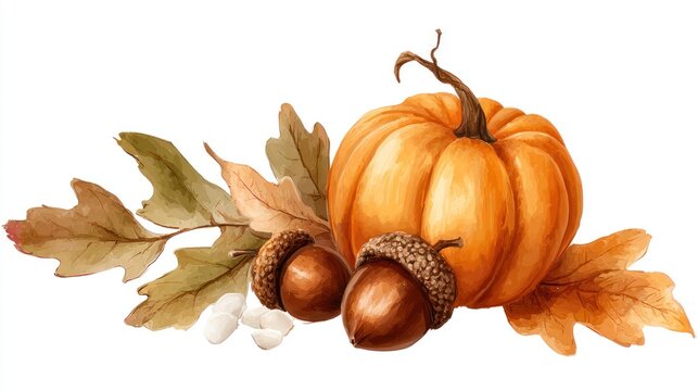 Watercolor illustration features an orange squash surrounded by brown acorns and dried foliage elements