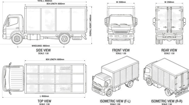 Detailed cargo delivery truck blueprint vector with side front rear top isometric views technical engineering drawing illustration.eps