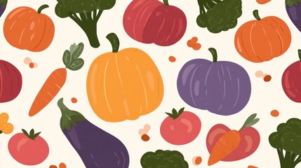 Fototapeta premium Colorful assortment of garden produce creates a playful repeating pattern on a light background.