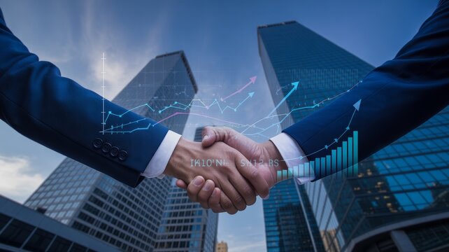 Two businessmen shaking hands in front of a city skyline with a graph overlay