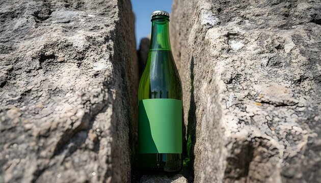Green Glass Bottle Mockup Placed Between Natural Rocks With Clean Label Outdoor Lighting High Detail Product Stock Image