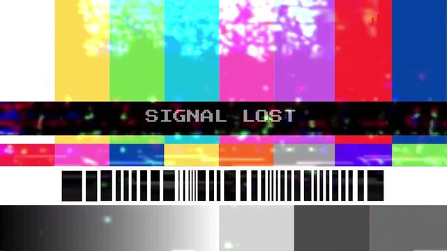 Broadcast television error signal lost with vibrant color bars and digital static interference on screen display