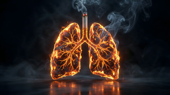 Smoking lungs on fire with cigarette smoke