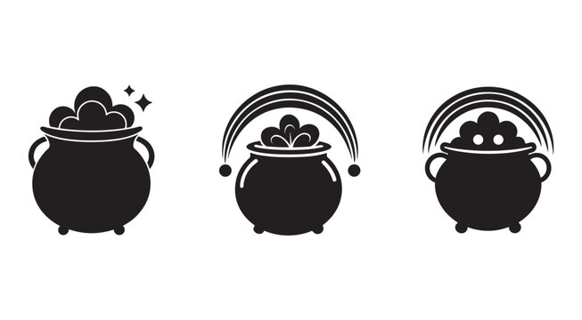 Black silhouettes of three cauldrons with magic steam and sparkling stars coming out  witchcraft symbols  st patricks day icons