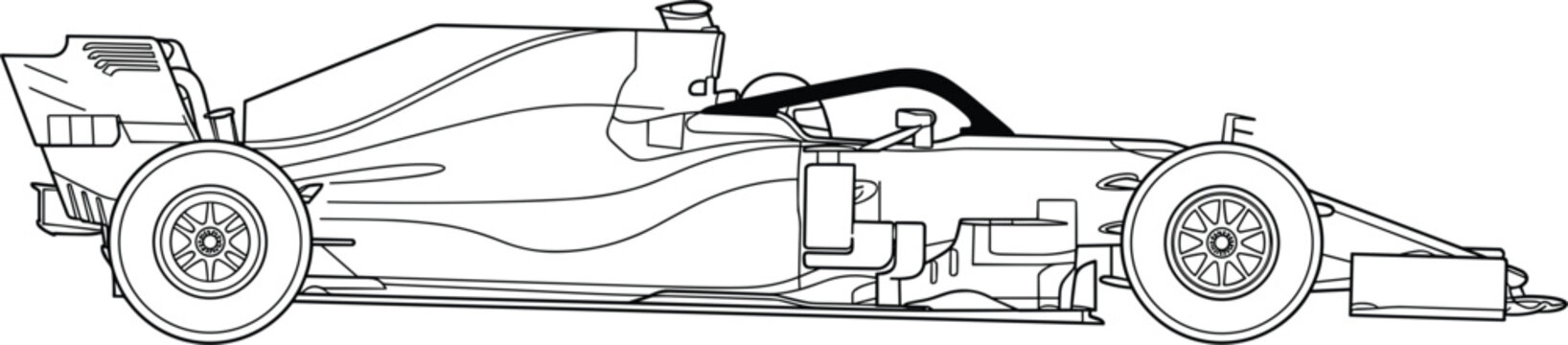 Formula racing car vector side view detailed line art single seater motorsport vehicle aerodynamic design illustration.eps