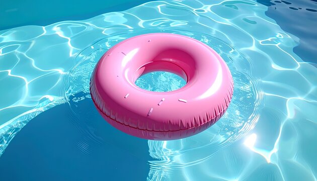 Fun summer vacation concept featuring a bright pink frosted donut inflatable float ring in a blue swimming pool.