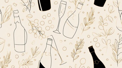 Naklejka premium Elegant pattern featuring outline illustrations of sparkling wine bottles, flutes, and botanical elements on a light background