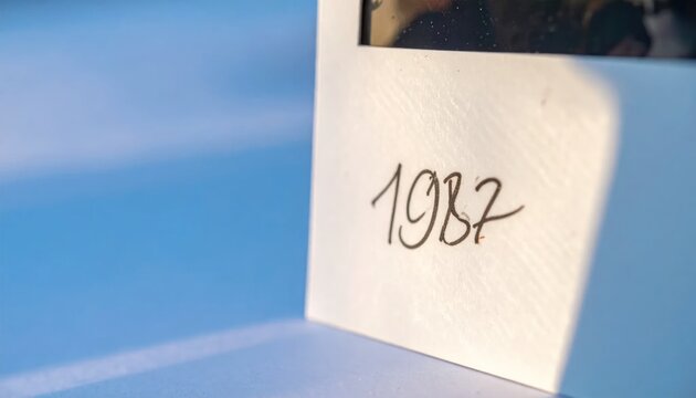 Vintage 1987 handwritten year on a white card with blue background.