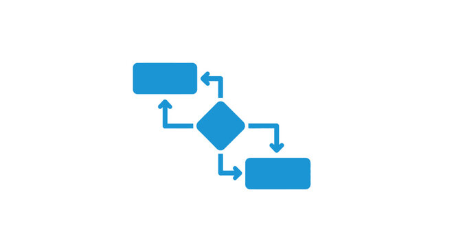 Simple blue flowchart icon illustrating a process, decision point, and subsequent steps on a white background, representing workflow or logic.