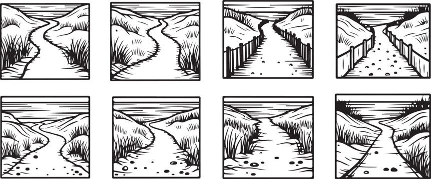 A collection of abstract ink drawings featuring linear and geometric patterns Vector