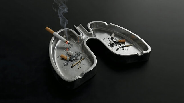 Lung shaped ashtray with cigarette butts on black background