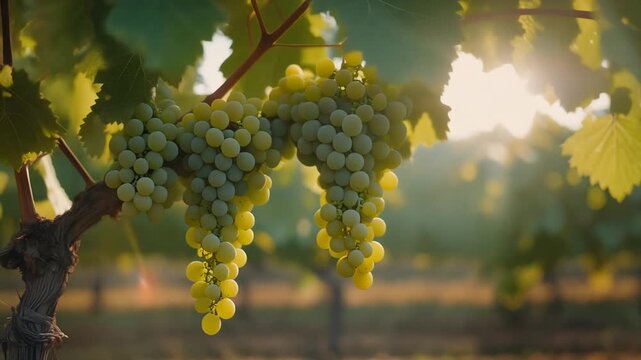 Ripe Green Grapes Hanging on Vine in Sunny Vineyard