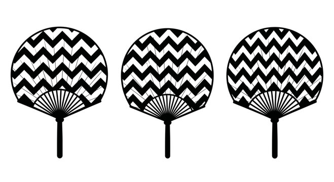 Three Japanese Style Folding Fans with Black and White Chevron Pattern
