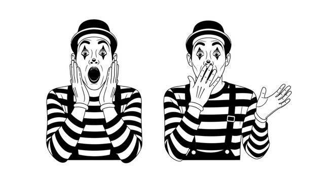 Two Mimes Expressing Shock and Surprise with Dramatic Facial Expressions and Gestures