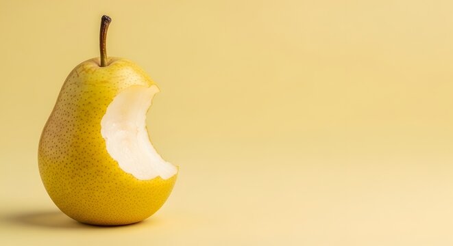 Buah pir kuning segar dengan bekas gigitan pada latar belakang kuning pastel yang minimalis