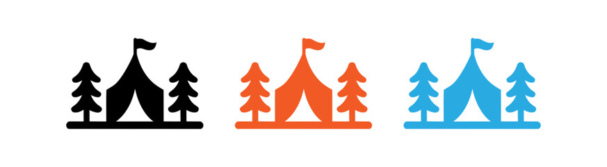 Set of camping tent icons with pine trees in different color variations © Designer Alam
