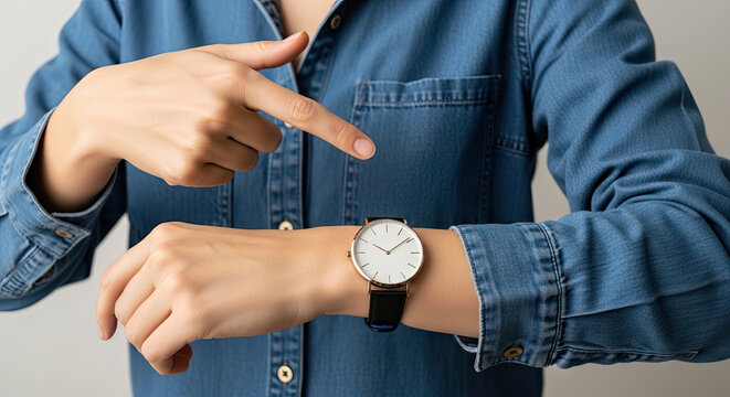 Person pointing at wrist watch to check time in denim shirt indicating urgency and punctuality on neutral background