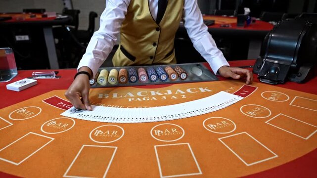 Dealer spreading cards on blackjack table with chips visible capturing casino gameplay moment focused on strategy risk and betting scene