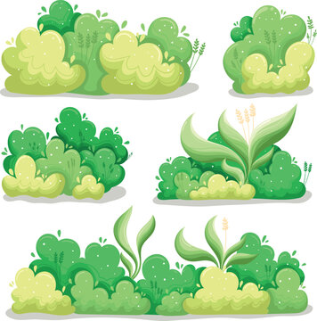 Cartoon Green Bushes and Plants Set