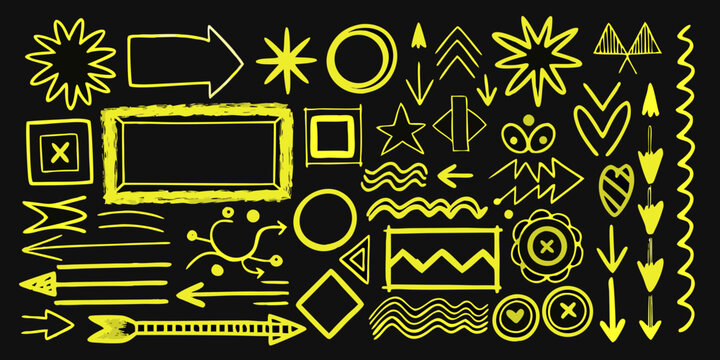 Collection of hand drawn yellow doodle shapes and arrows on black background