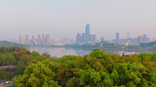 Spring Scenery of Yuehu Park and Guqin Terrace Scenic Area in Wuhan, Hubei, China