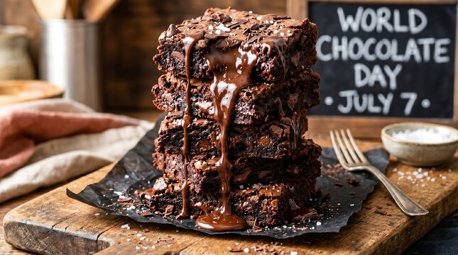 Stack of fudgy chocolate brownies with melted sauce and sea salt on rustic wooden board for world chocolate day celebration featuring dark cocoa treats for dessert lovers in cozy kitchen setting top.