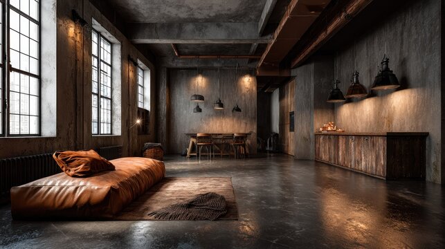 Industrial style living space features raw concrete walls and large factory windows with warm lighting
