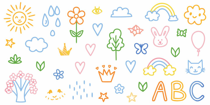Colorful childlike drawings of suns rainbows flowers and animals