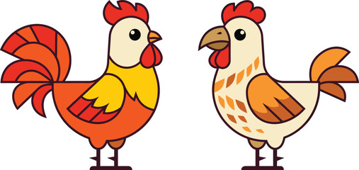 Naklejka premium Cartoon Roosters with Vibrant Orange and Yellow Feathers for Fun Farm and Animal Illustrations
