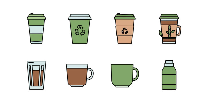 Assorted coffee cups and beverage containers on a black background