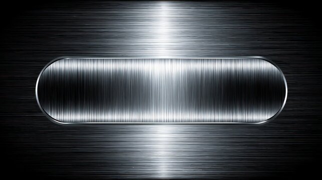 Horizontal brushed metal plaque centered on a dark, textured metallic background.