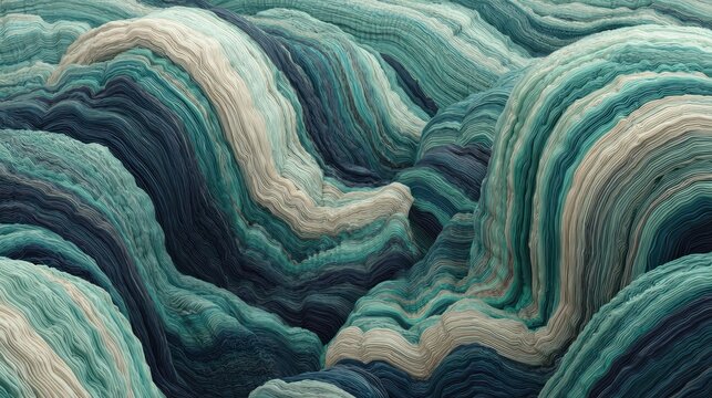Wavy layers of deep teal and muted cream create an abstract geological texture.