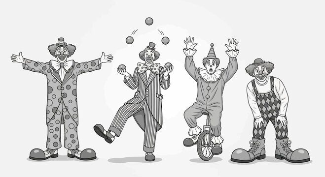 Four clowns performing circus acts: juggling, unicycling, and posing.