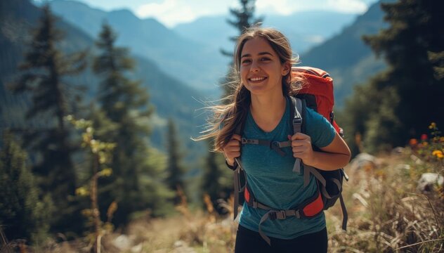 A young woman smiles while hiking with a backpack in a mountainous area under clear skies.