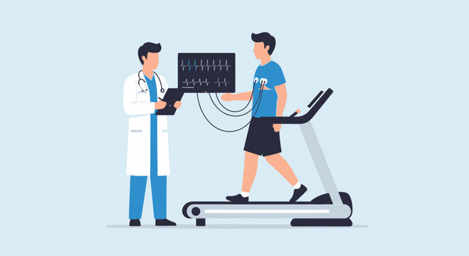 Doctor monitoring patient on treadmill stress test with ECG monitor
