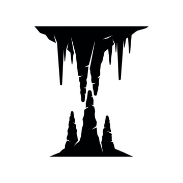 Cave formations silhouette stalactites and stalagmites.