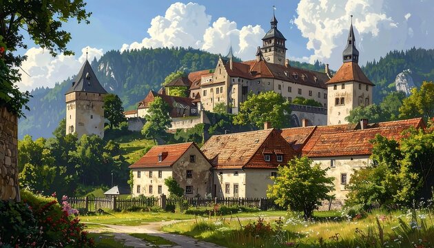 A medieval castle on a hill surrounded by trees and buildings