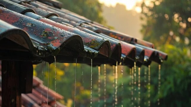 Raindrops falling from old terracotta roof tiles during a gentle shower