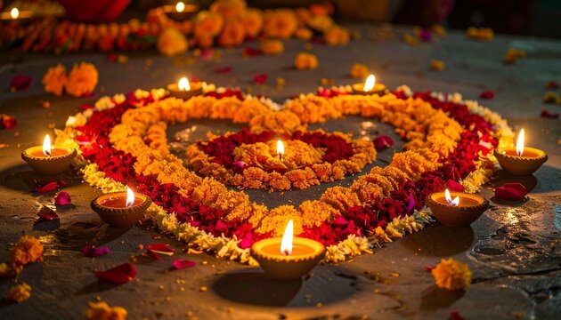 Floral heart with lit candles