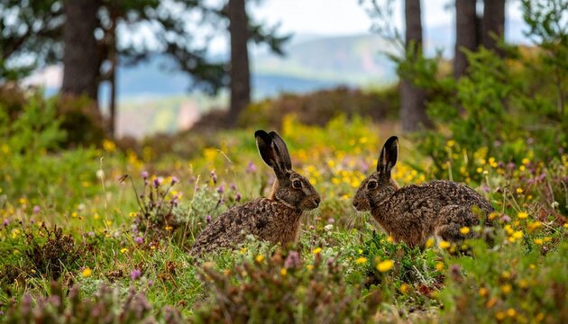 Hares in natural environment with flowers