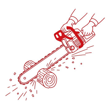 Hands operating a red chainsaw cutting through logs, creating sawdust and sparks.