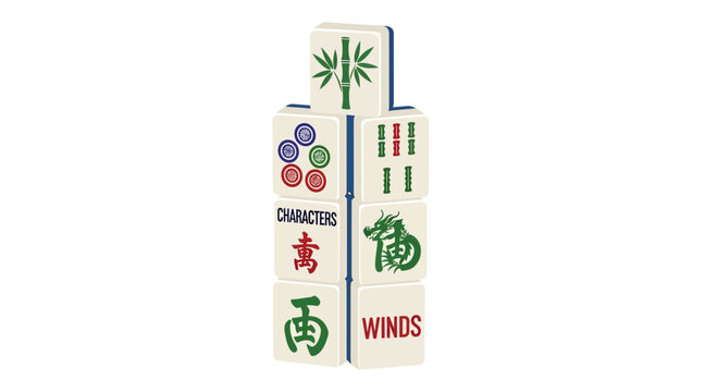 Mahjong Tiles Stacked, Chinese Game Pieces with Bamboo, Dragon, and Characters