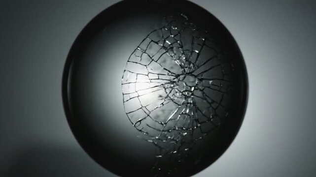 Dramatic close-up of a dark sphere shattering, with brilliant light illuminating intricate crack patterns, a powerful visual metaphor for profound change, fragility, and resilience