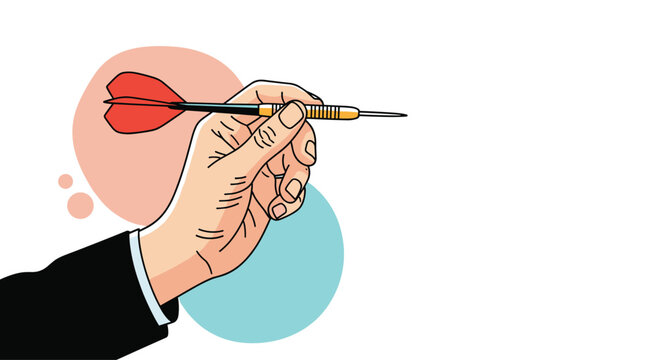 Detailed illustration of a professional hand in a business suit precisely holding a sharp dart against a soft colorful background.