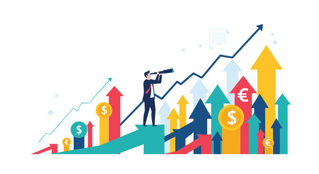 Ambitious businessman standing on a rising arrow using a telescope to look for future financial opportunities and market growth.