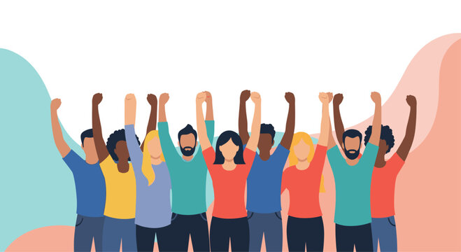 Strong group of diverse people standing together with their fists raised in a sign of unity, protest, and collective empowerment.
