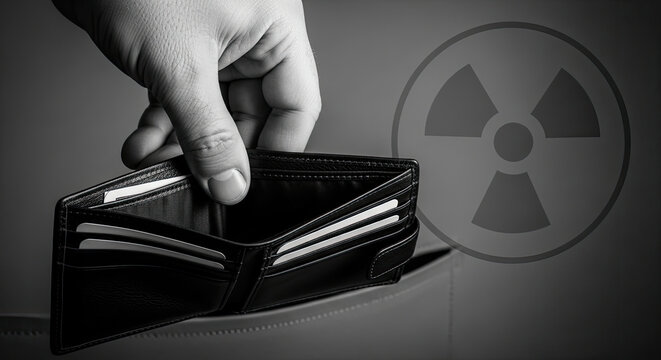 Empty black wallet held open in hand with radiation symbol in grayscale depicting financial toxicity and economic fallout
