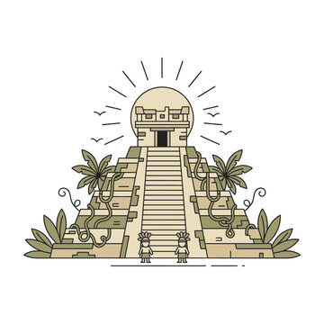 Ancient Mayan Pyramid Temple with Sun and Tropical Plants.
