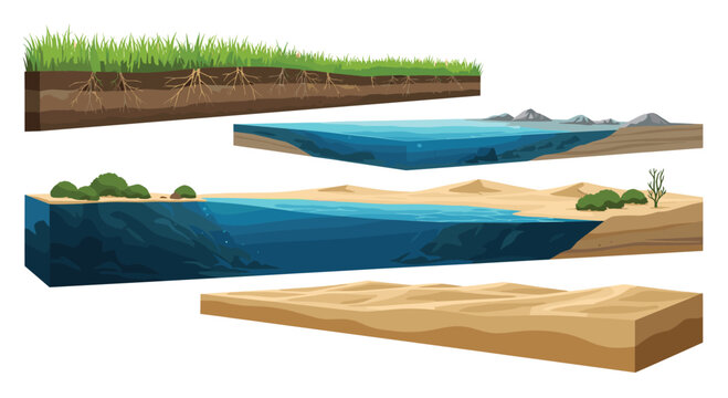 Different landscape cross section illustrations including a grassy field, a deep blue ocean, and a dry desert with sand dunes.