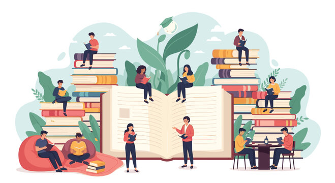 Group of people reading and studying together around giant books and stacks of literature in a library or park setting.